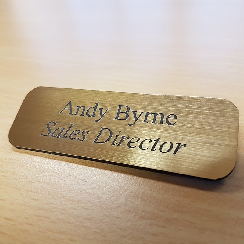 PlaqueMaker Custom-Engraved Business Name Tag/ID with Magnet Pin or Tape Almond w/Black Engraving 